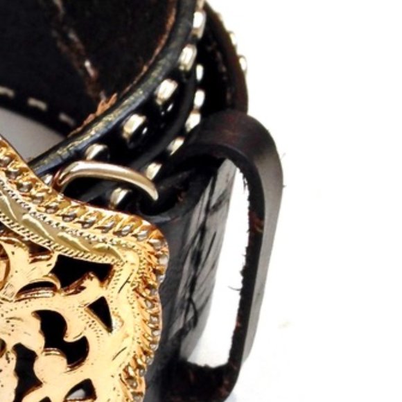 EXPRESS-Black Floral Studded Tooled Leather Belt main image 5
